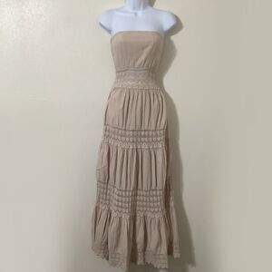 Y2K Tan Strapless Fairycore Boho Mori Girl Crochet Detail Fairy Babydoll Dress S